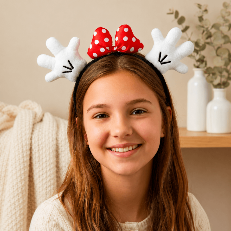 Minnie Model Sevimli El ve Kırmızı Fiyonk Desenli Peluş Taç