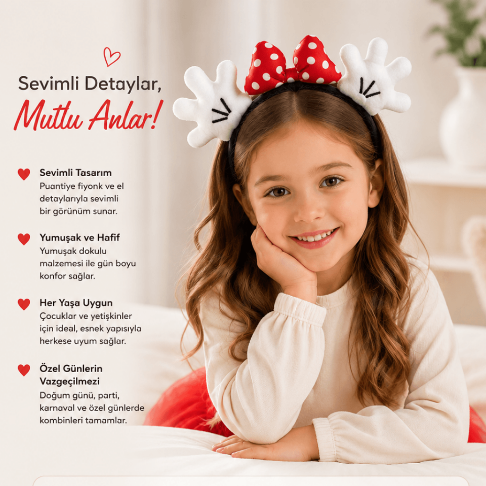 Minnie Model Sevimli El ve Kırmızı Fiyonk Desenli Peluş Taç