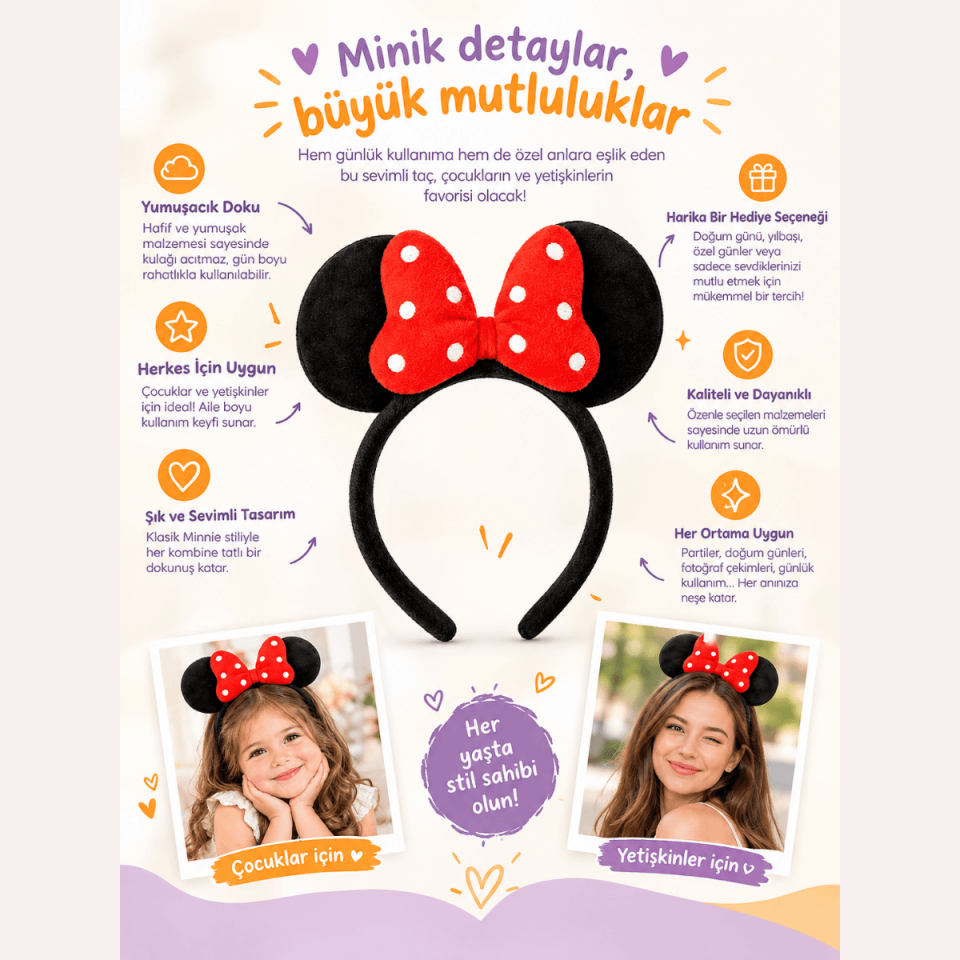 Minnie Mouse Taç-Puantiyeli Kurdeleli Kadın ve Kız Çocukları Saç Akseuarı