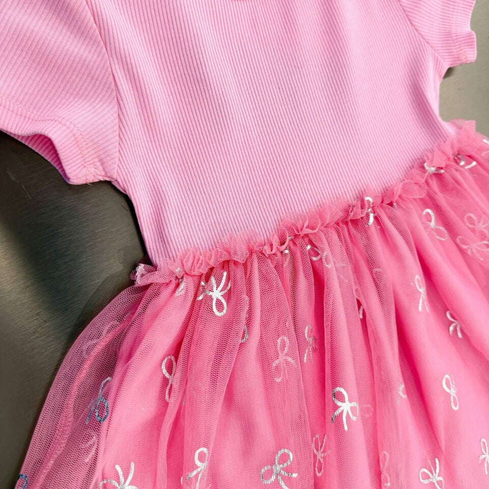 Pembe Fiyonk Baskılı Astarlı Pamuklu Kız Çocuk Tütü Elbise