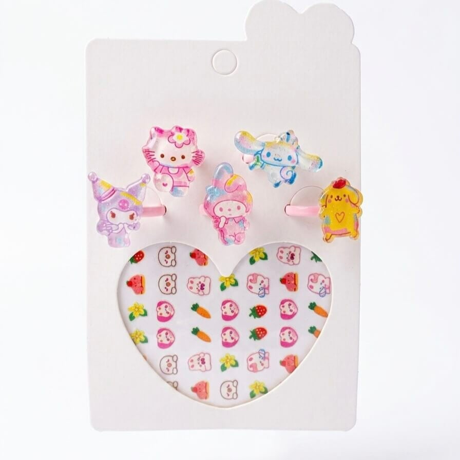 Kuromi-Hello Kitty-My Melody Model 5 Adet Çocuk Yüzük ve Tırnak Stickerı