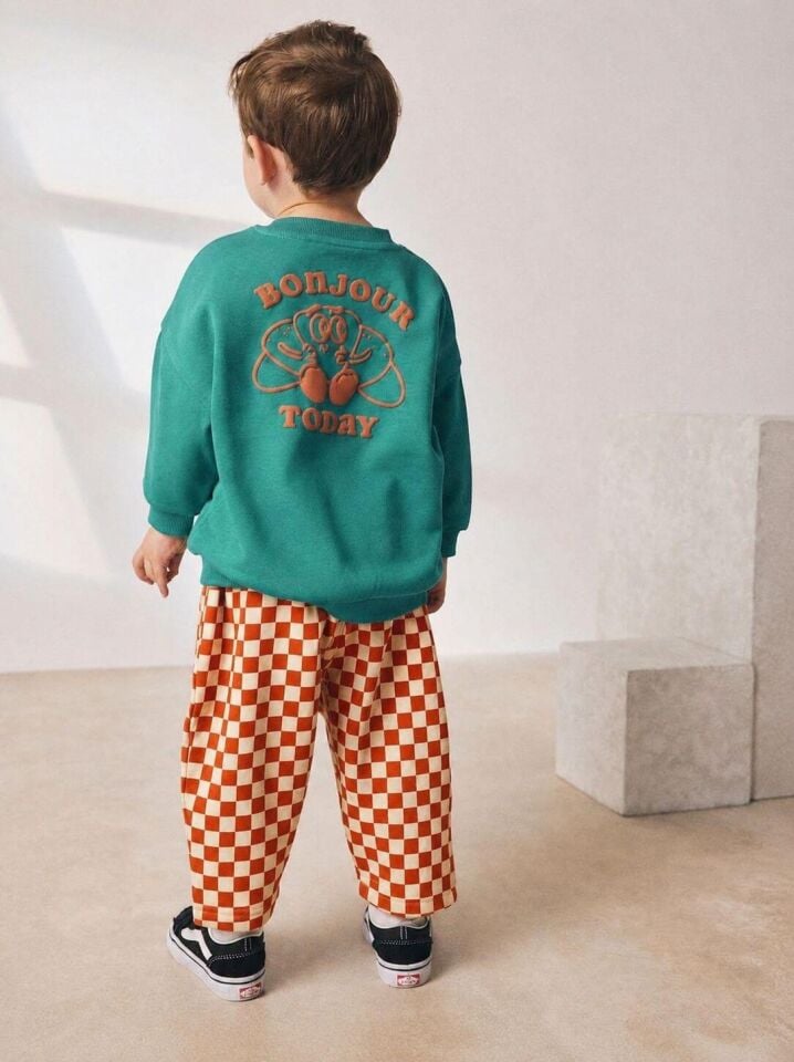 Kruvasan Baskılı %100 Pamuklu Yeşil Sweatshirt ve Kareli Pantolon - Erkek Çocuk İkili Takım