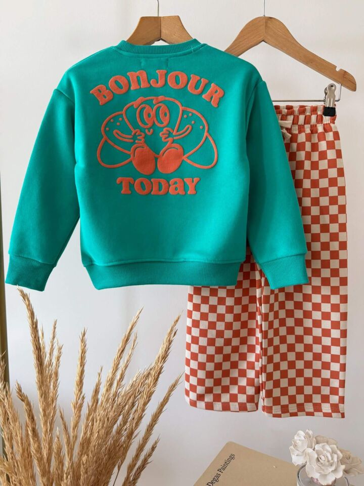Kruvasan Baskılı %100 Pamuklu Sweatshirt ve Pantolon - Erkek Çocuk Takım
