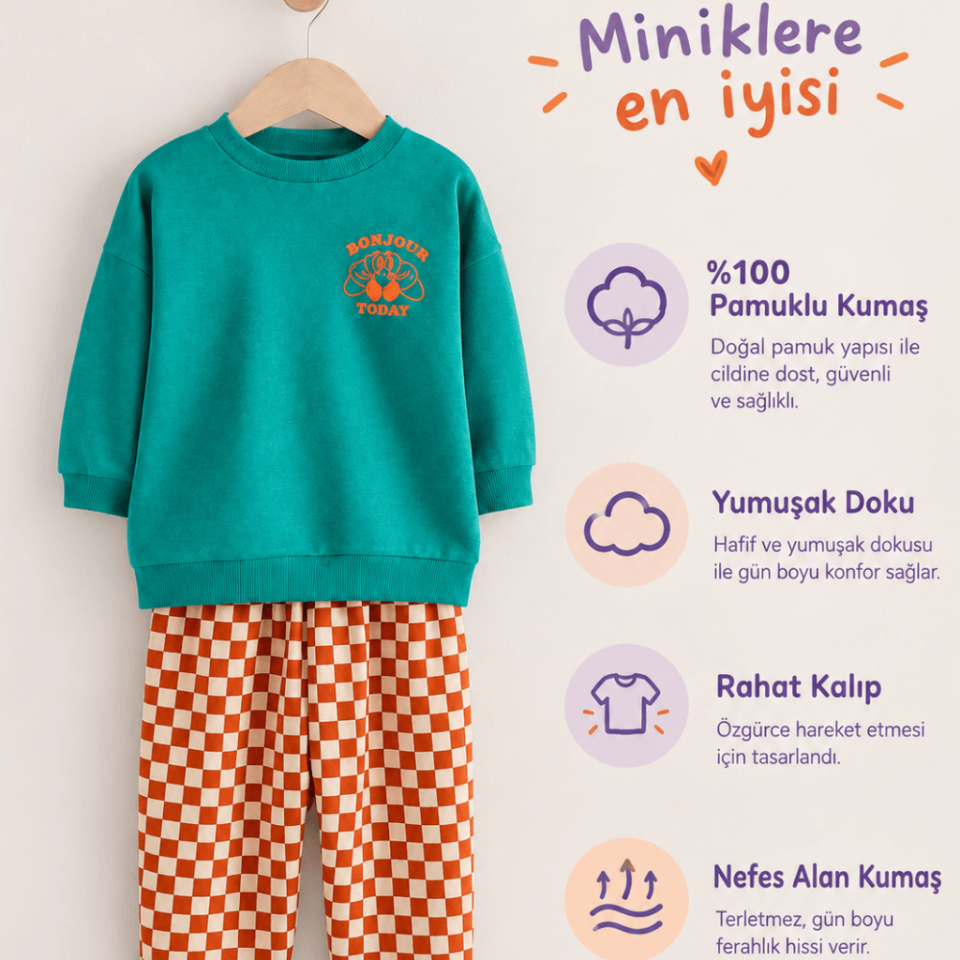 Kruvasan Baskılı %100 Pamuklu Yeşil Sweatshirt ve Kareli Pantolon - Erkek Çocuk İkili Takım