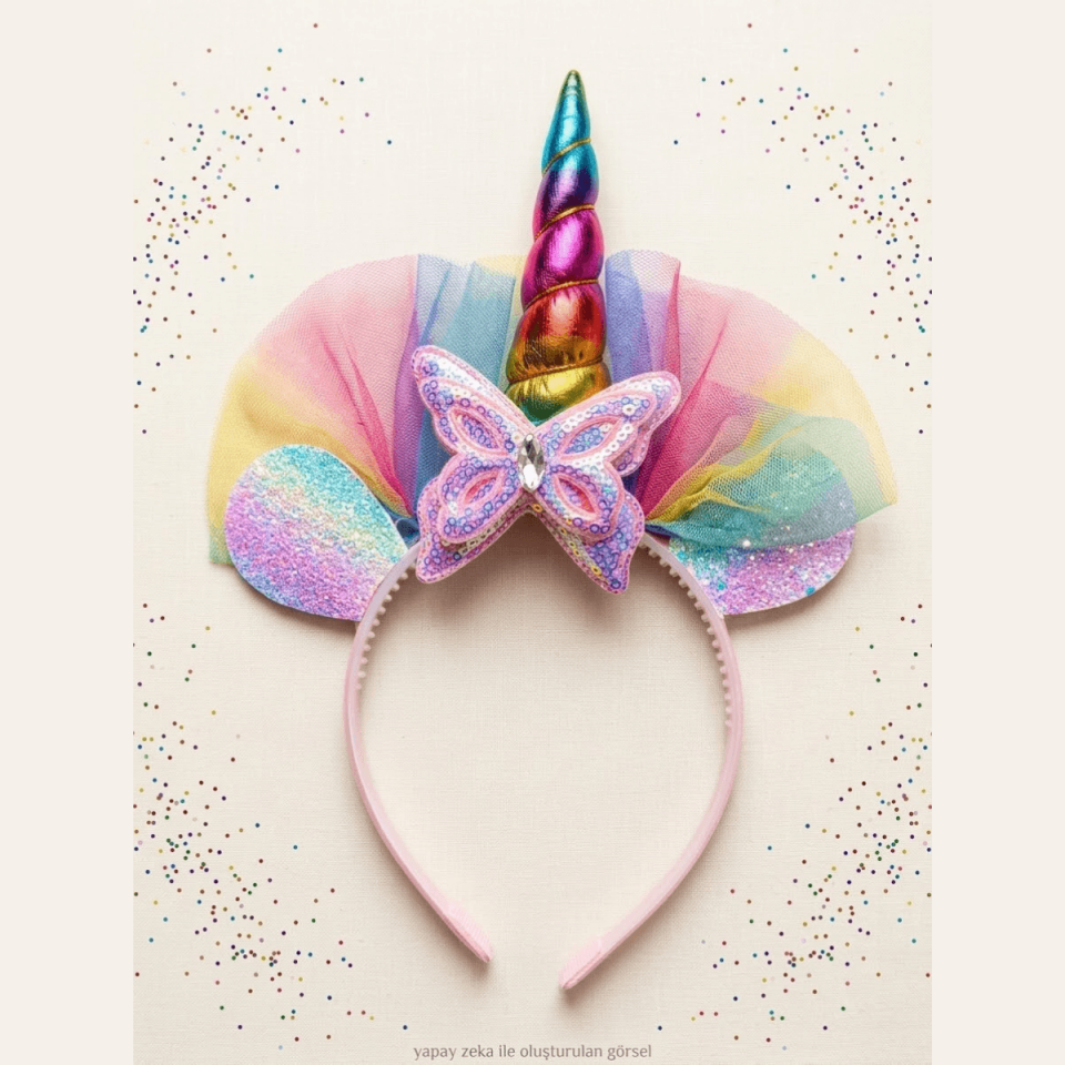 Unicorn Model Gökkuşağı Renklerinde Tüllü ve Simli Kız Çocuk Taç