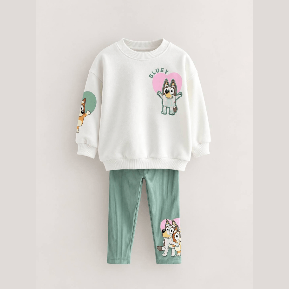 Bluey Baskılı %100 Pamuklu Sweatshirt ve Lastikli Yeşil Taytlı Alt Üst Kız Çocuk Takım