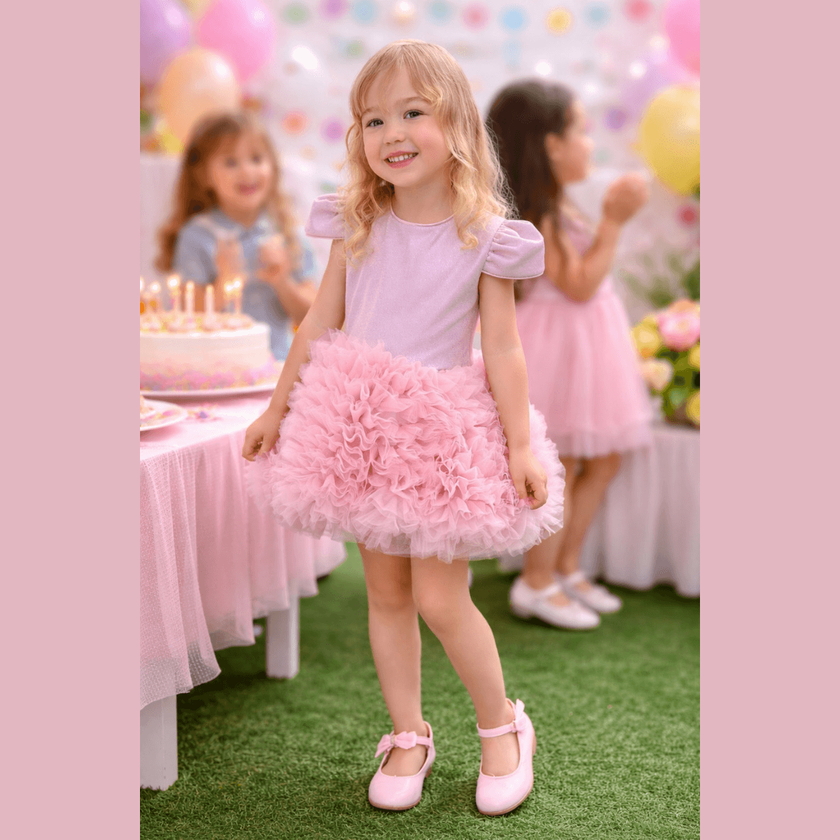 Kurdele Detaylı Pembe Renk Kabarık Tütü Elbise