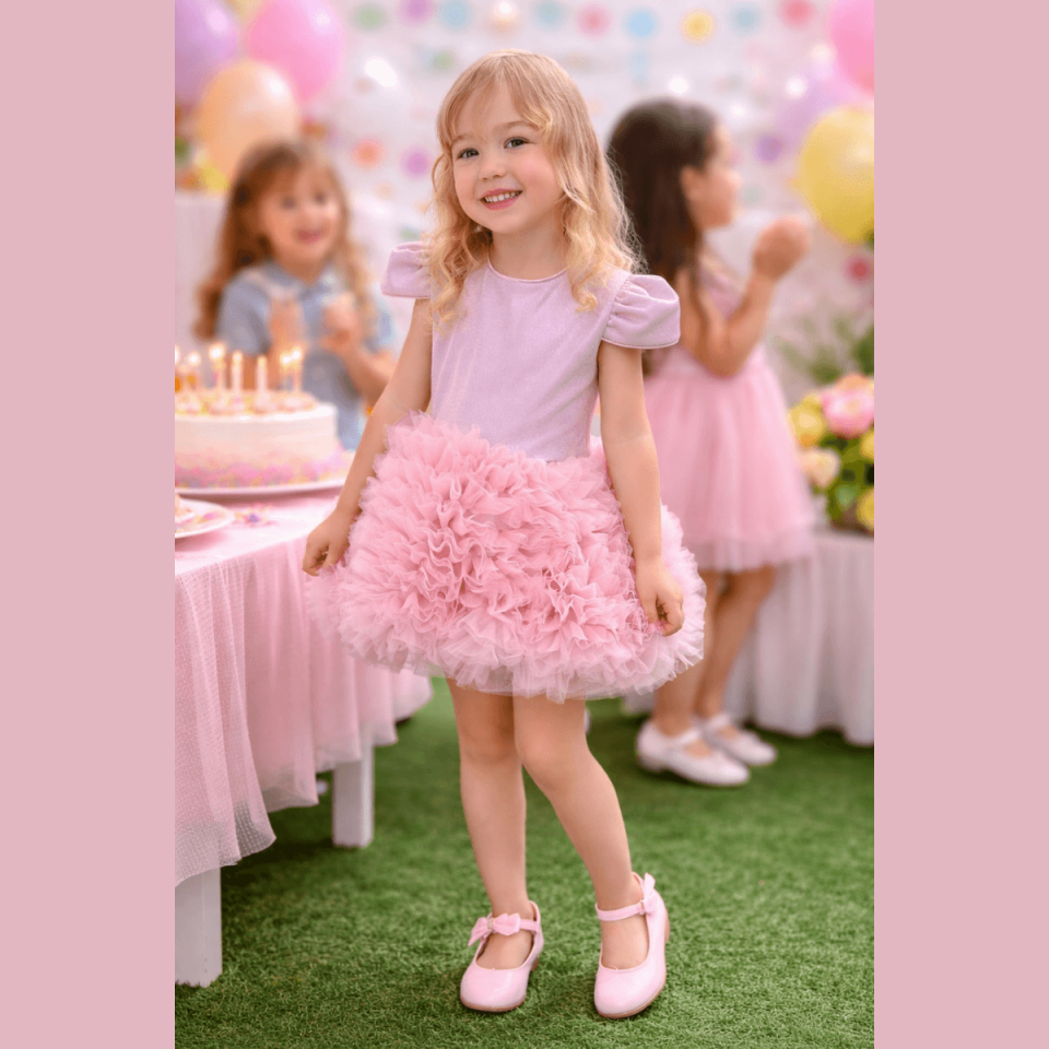 Kurdele Detaylı Pembe Renk Kabarık Tütü Elbise