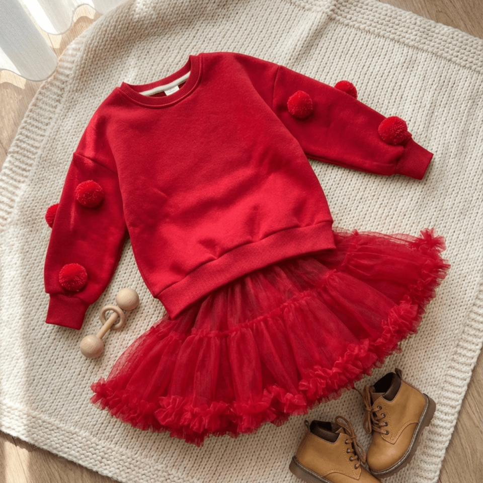 Kız Çocuk Kırmızı Ponponlu Pamuklu Sweatshirt ve Astarlı Tütü Etek